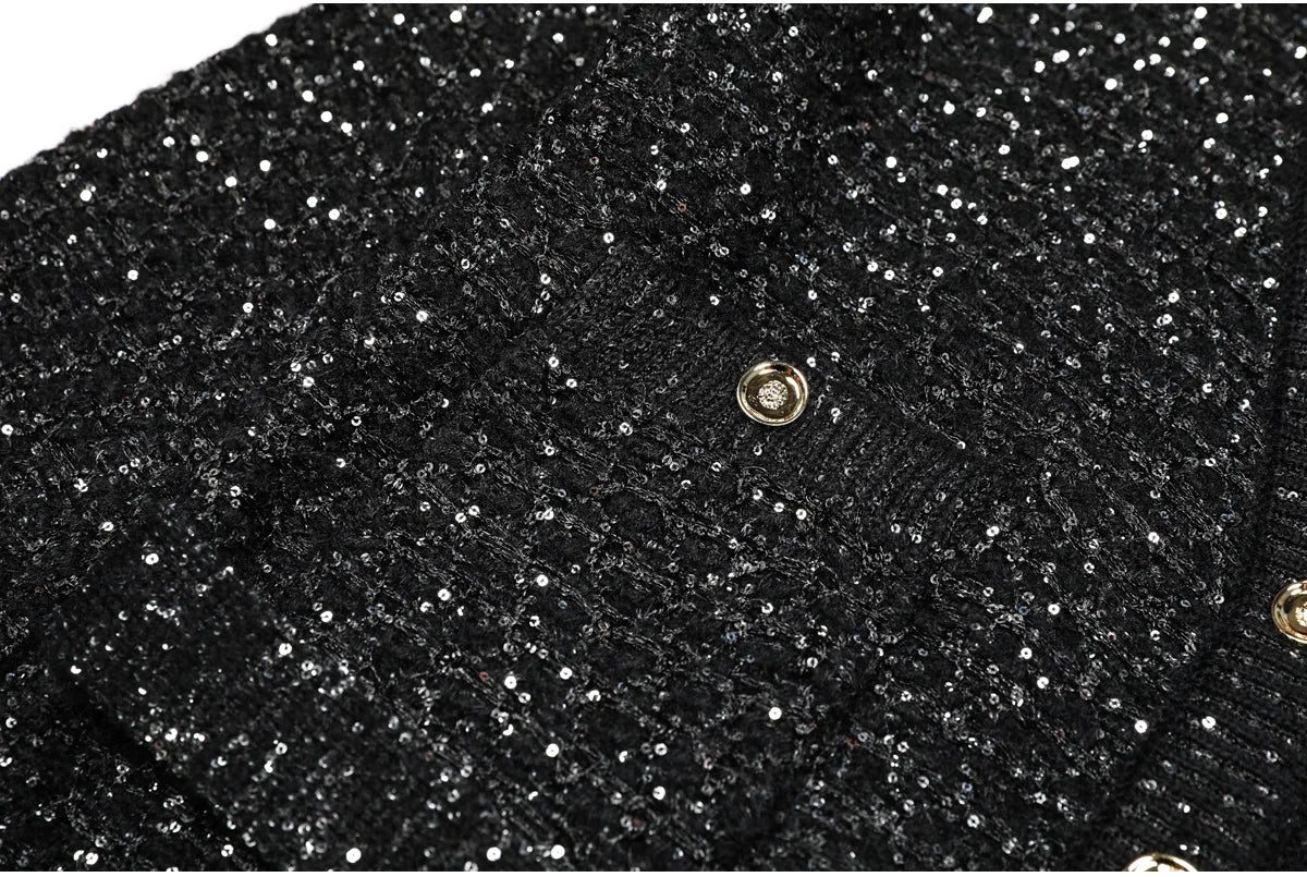 2025 Spring and Autumn New High-end Fashion Long-sleeved Sequined Knitted Cardigan Elegant Commuter V-neck Cardigan Top Jacket