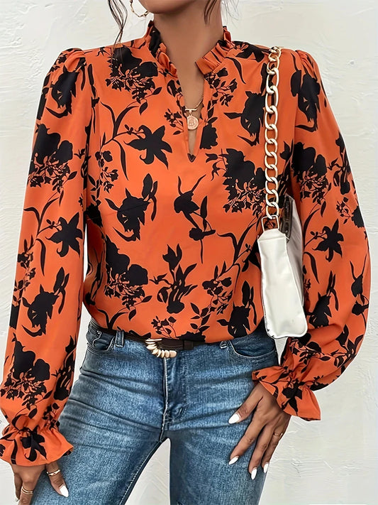 Women's Plant Flower Print Flared Long Sleeve Shirt