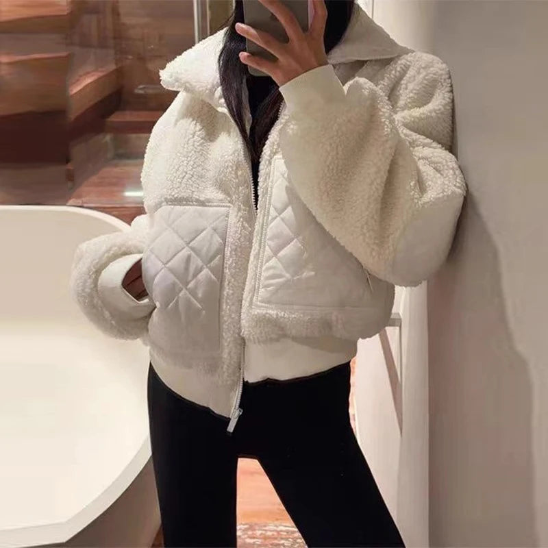 Elegant Lamb Women's Coat Vintage Stand Collar Thicken Full Sleeve Pockets Jacket Female 2025 Autumn Winter Woman Coats Outwears