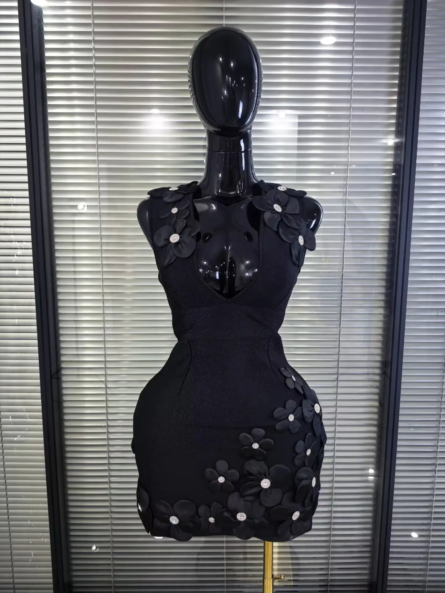 Black Red Women Sexy Sleeveless V-Neck Florals A-Line Bandage Dress Celebrate Nightclub Party Evening Birthday Photohoot Wear