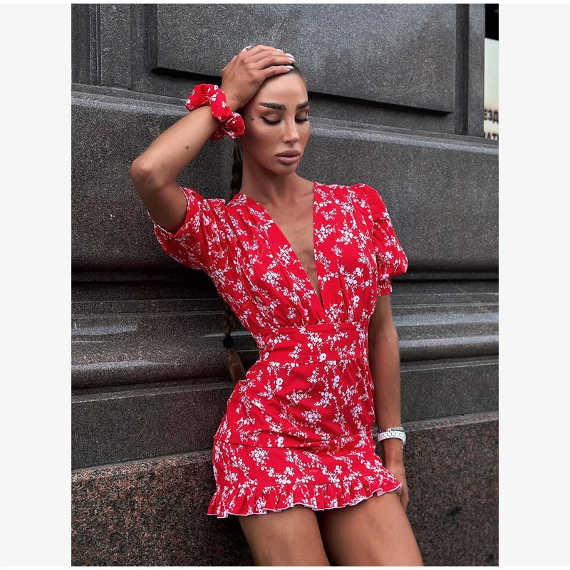 Floral Printed Lace Up Puff Sleeve Mini Dress for Women