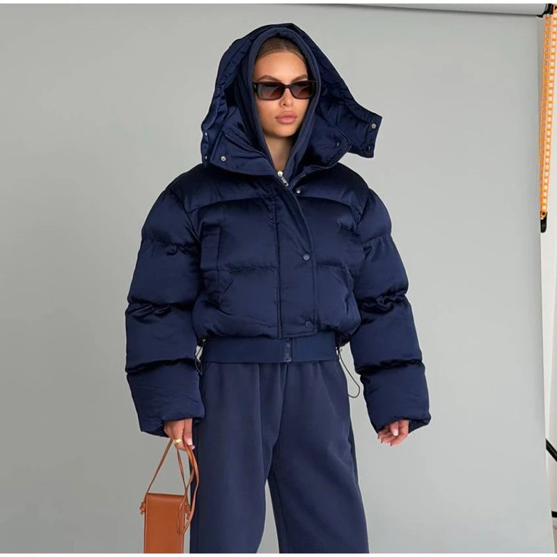 Detachable Hood Cropped Padded Winter Jacket for Women