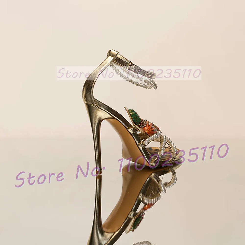 Light Gold Metallic Pearl Strap Sandals For Women