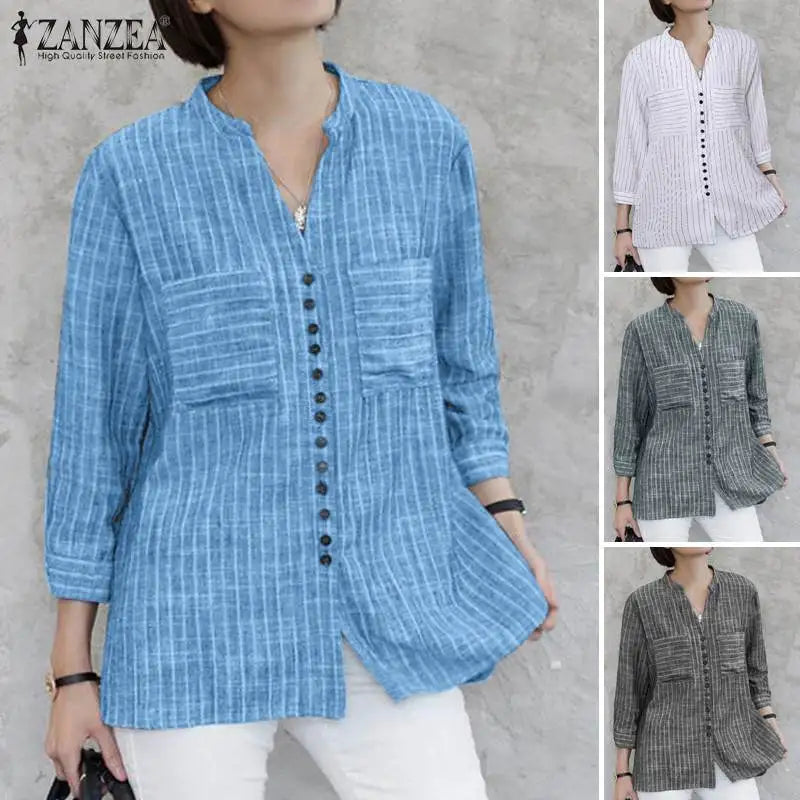 ZANZEA Fashion Stripe Printed Shirt Summer  3/4 Sleeve V-Neck Blouse Female Casual Blusas Mujer Woman Elegant Loose Korean Tops