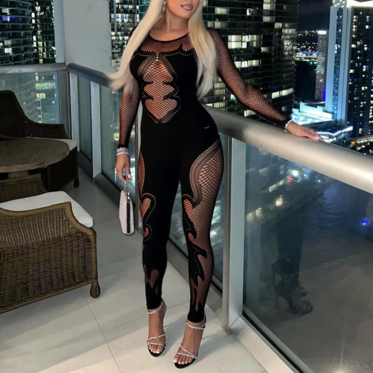 FAGADOER Y2K Sexy Quality Lace Bodycon Jumpsuit Women Long Sleeves Hollow Out See Through Romper Female Streetwear Overalls 2025