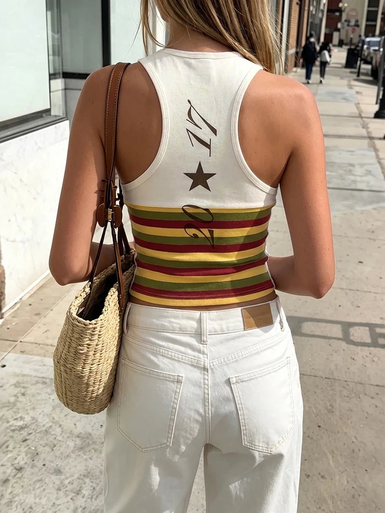 Patchwork Stripe V Neck Backless Tank Top for Women