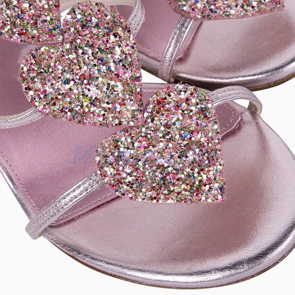 Pink Glitter Heart Strap Gladiator Sandals For Women