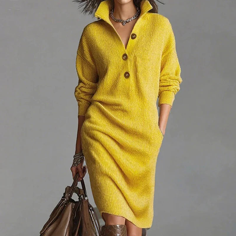 Turn-Down Collar Simple Sweater Dress, Women Autumn Winter Long Sleeve Chic Party Dress, New Solid Patchwork Casual Ladies Dress