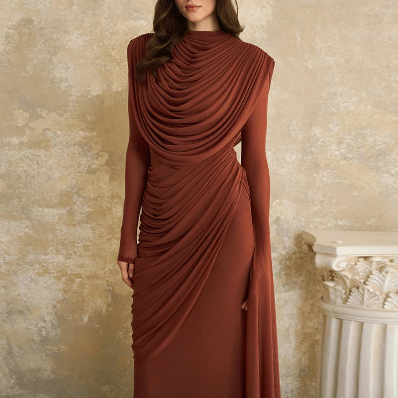Long Sleeve Pleated High Waisted Maxi Dress for Women
