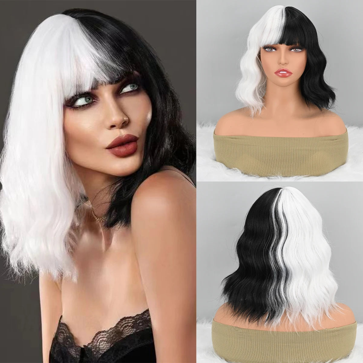 Natural Brown Synthetic Curly Wavy Bob Wig With Bangs For Women