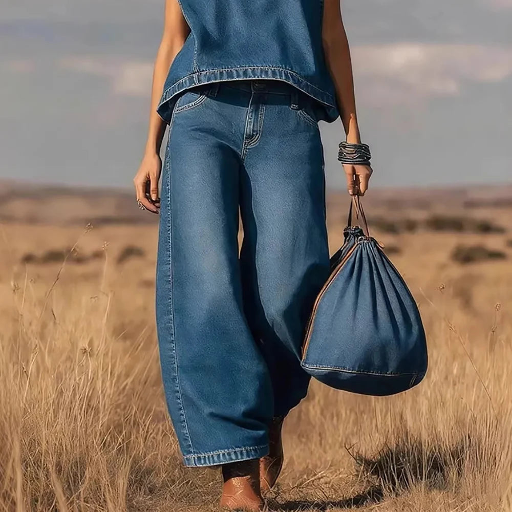 Vintage Sleeveless Denim Two Piece Casual Set For Women