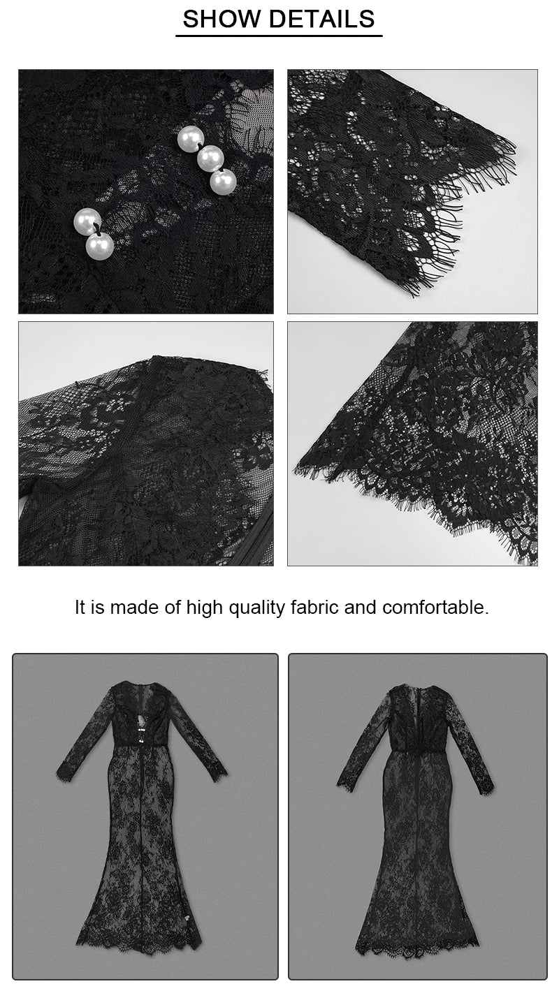V Neck Long Sleeve Lace Black Evening Maxi Dress for Women