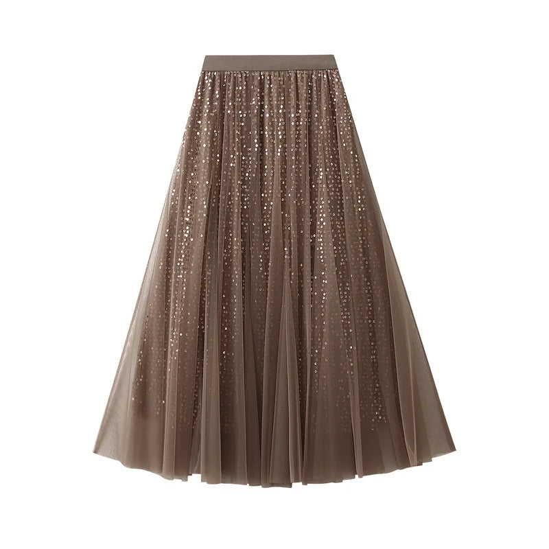 Sparkling Mesh A-Line Pleated Knee-Length Skirt for Women