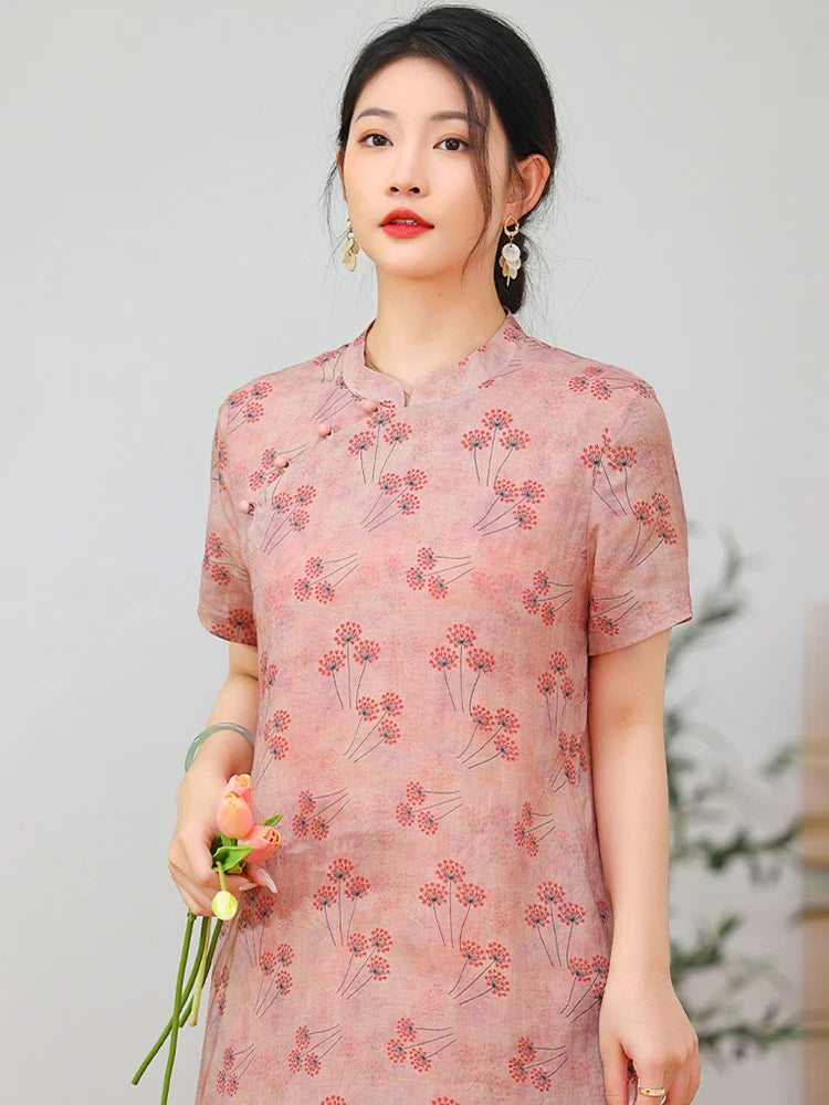 Elegant Floral Vintage Ramie Cheongsam Dress for Women