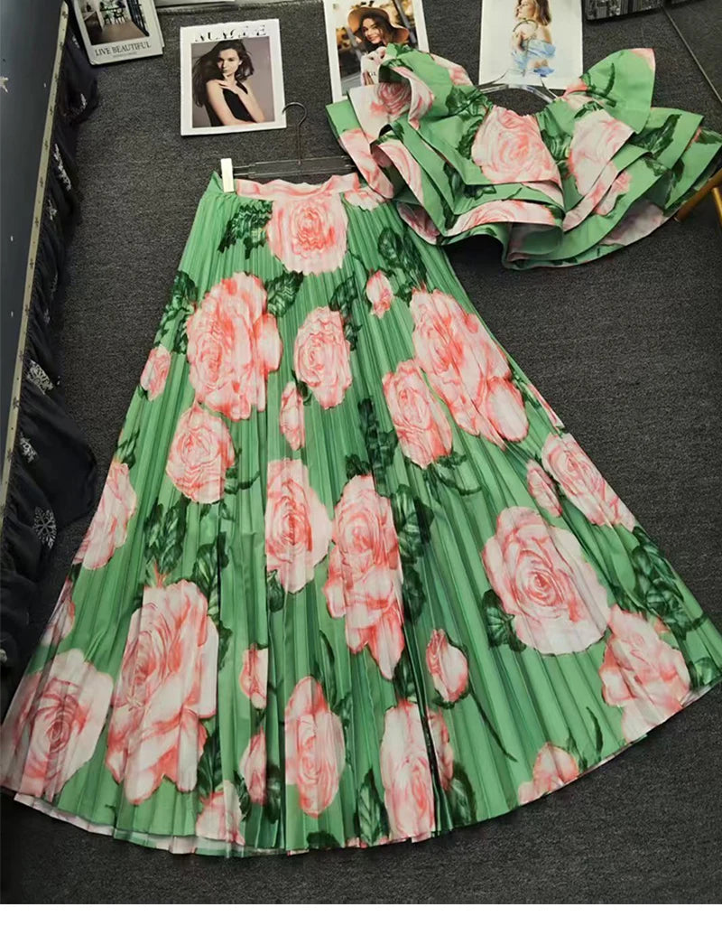 Printed Top And Pleated Skirt Set