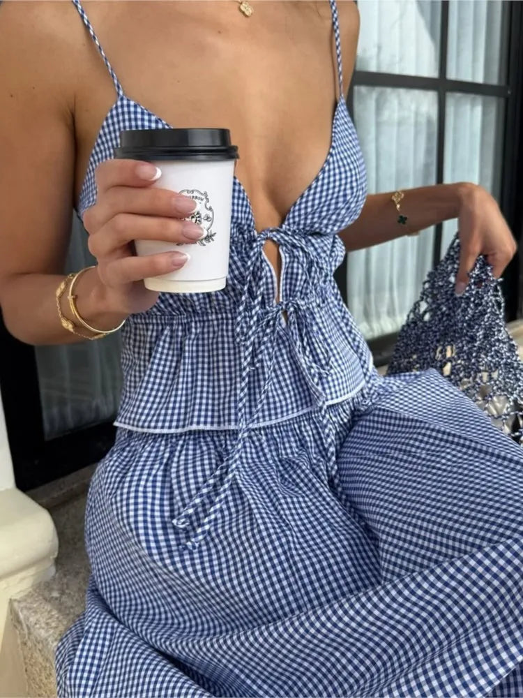 Y2K Striped Printed Lace Up Sleeveless Cropped Top Two Piece Set for Women