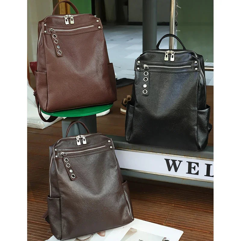 Women's Natural Cow Leather Backpacks Lady Cowhide Design Large Capacity Bags Female Retro Fashion Versatile Backpacks Ladies