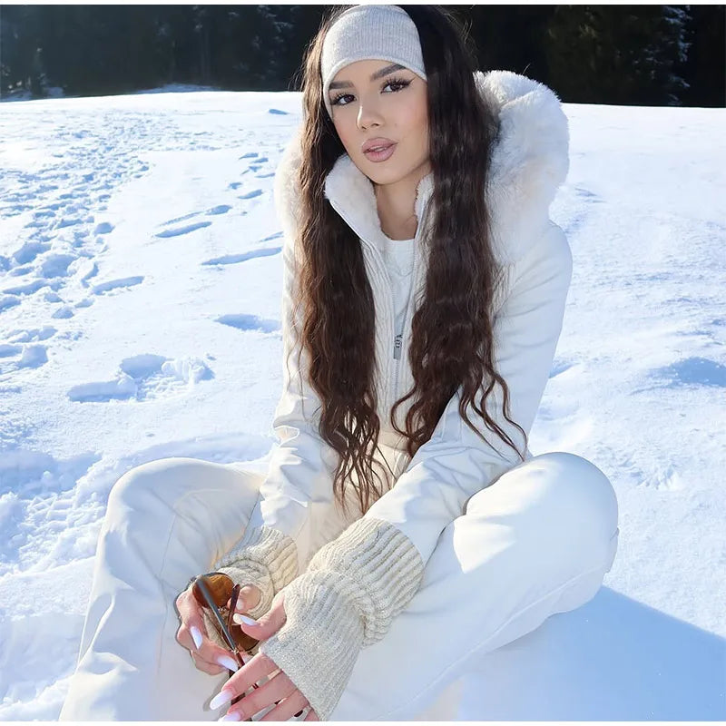 Warm Fur Trim Hooded Winter Ski Suit with Belt for Women