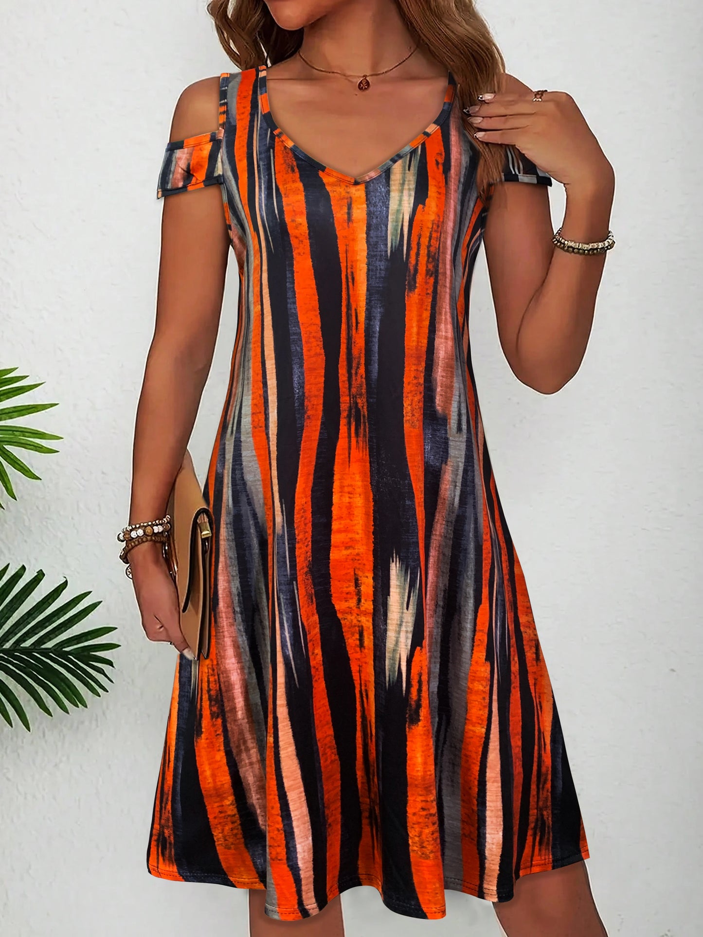 Women's Off - Shoulder V - Neck Striped Dress, Colorful Abstract Pattern, Casual Summer & Beach Wear