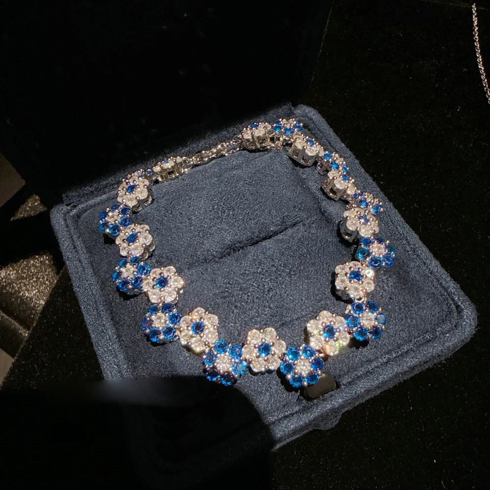 Vintage Blue Floral Zircon Necklace and Bracelet Set for Women