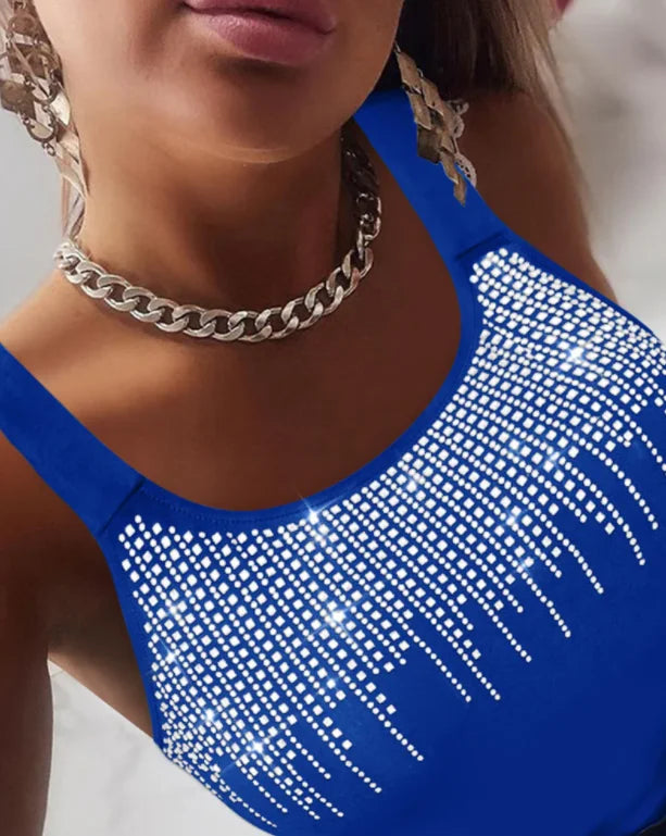 High Stretch Rhinestone Round Neck Tank Top for Women