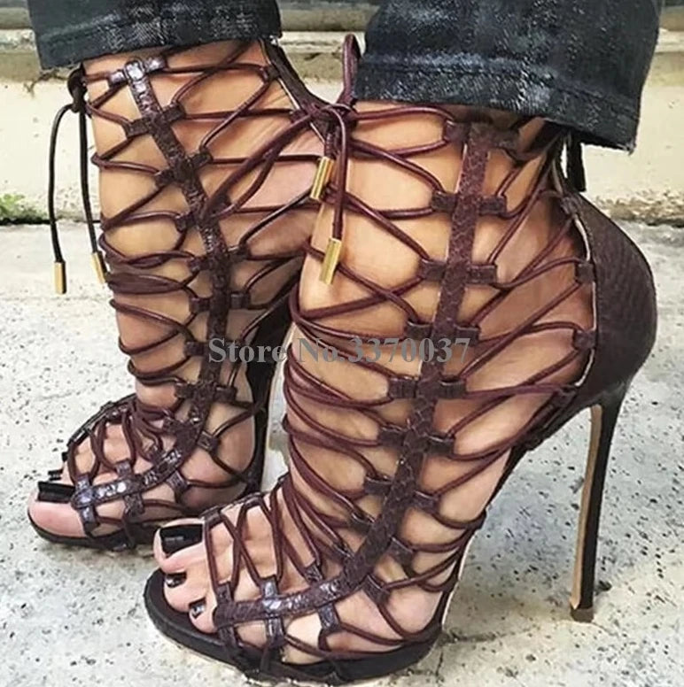Brown Snakeskin Open Toe Cross Lace Up Stiletto Gladiator Sandals For Women