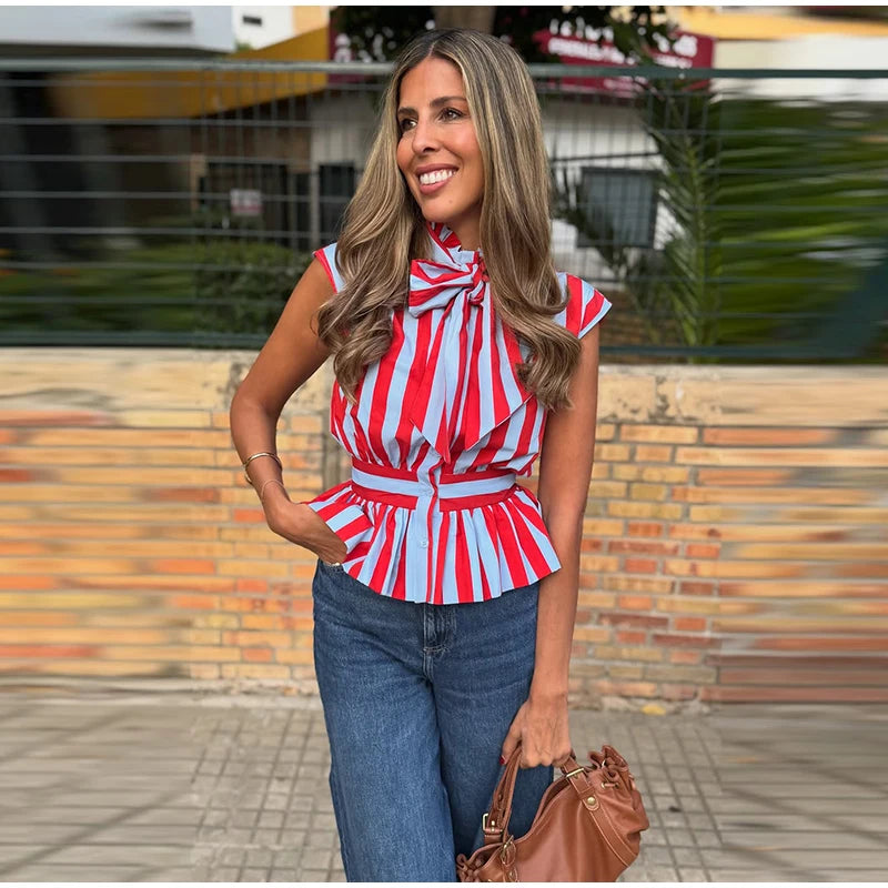 Beach Striped Print Sleeveless Backless Top for Women