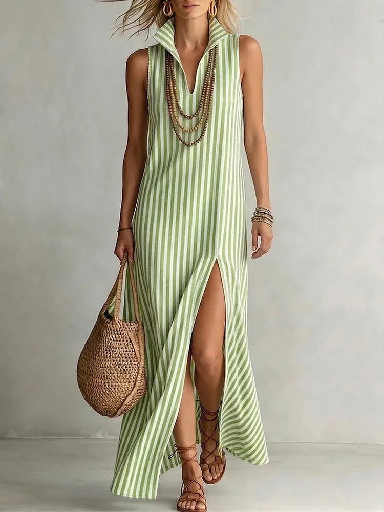 Striped Lapel Collar Sleeveless V Neck High Slit Maxi Dress for Women