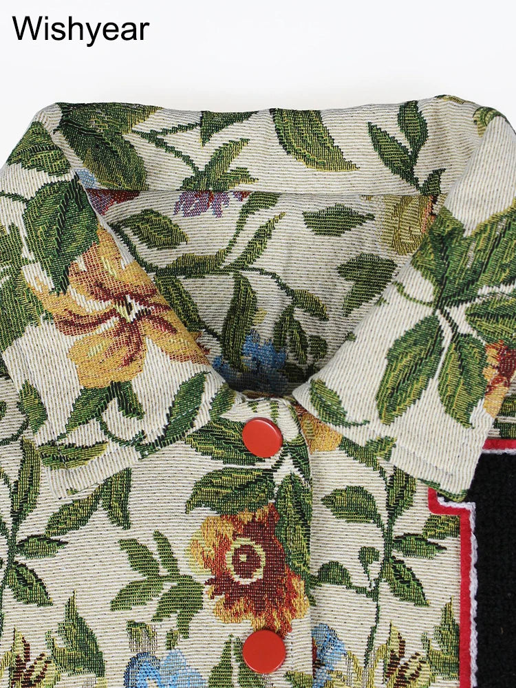 Vintage Print Button Up Baseball Jacket for Women