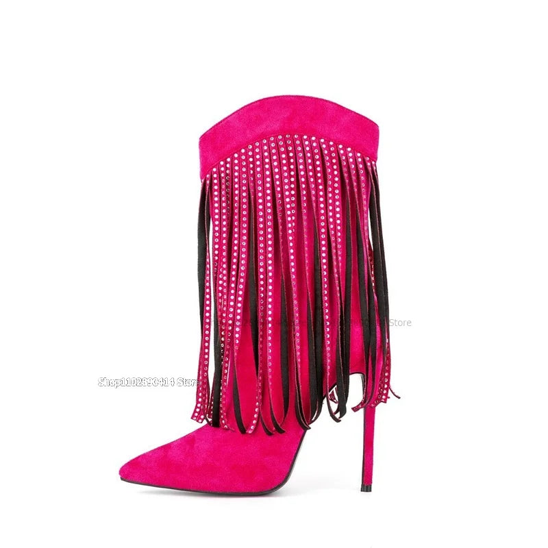 Black Pointed Toe Boots With Crystal Tassels For Women