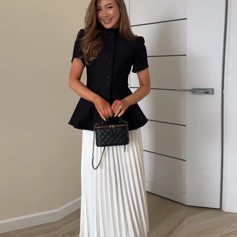 Chic Two Piece Blazer and Pleated Skirt Set for Women