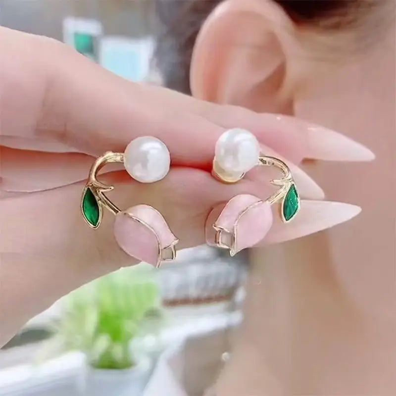 Pearl Tulip Enamel Stud Earrings With Zircon Drops for Women