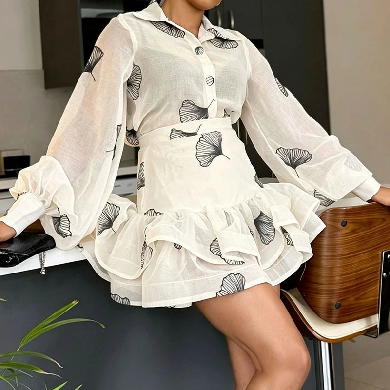 Printed Summer Puff Sleeve Top And Skirt Set for Women