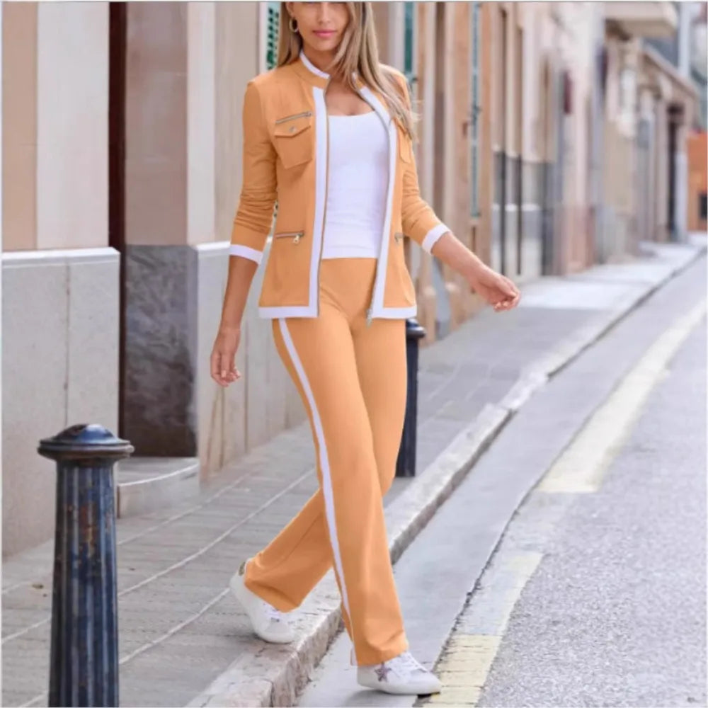 Casual Slim Fit Zipper Top And Sport Pants Set for Women