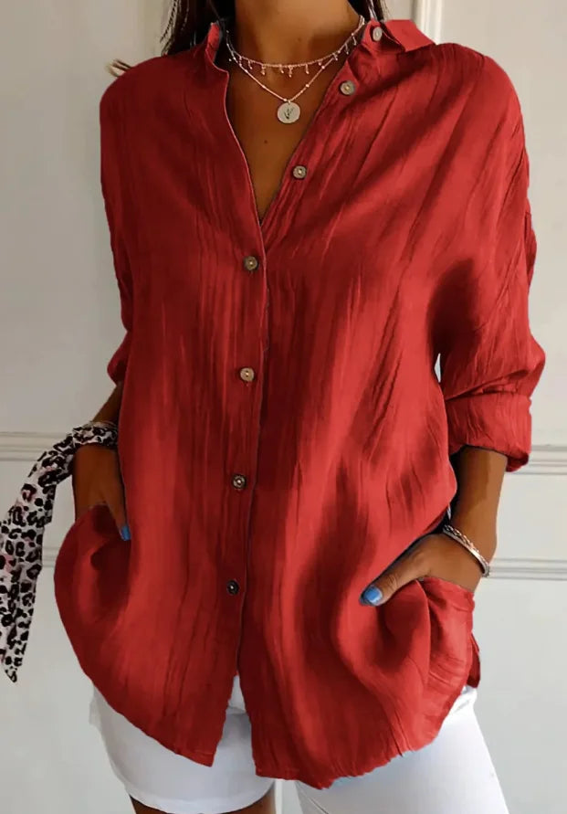Relaxed Fit Long Sleeve Solid Color Blouse For Women