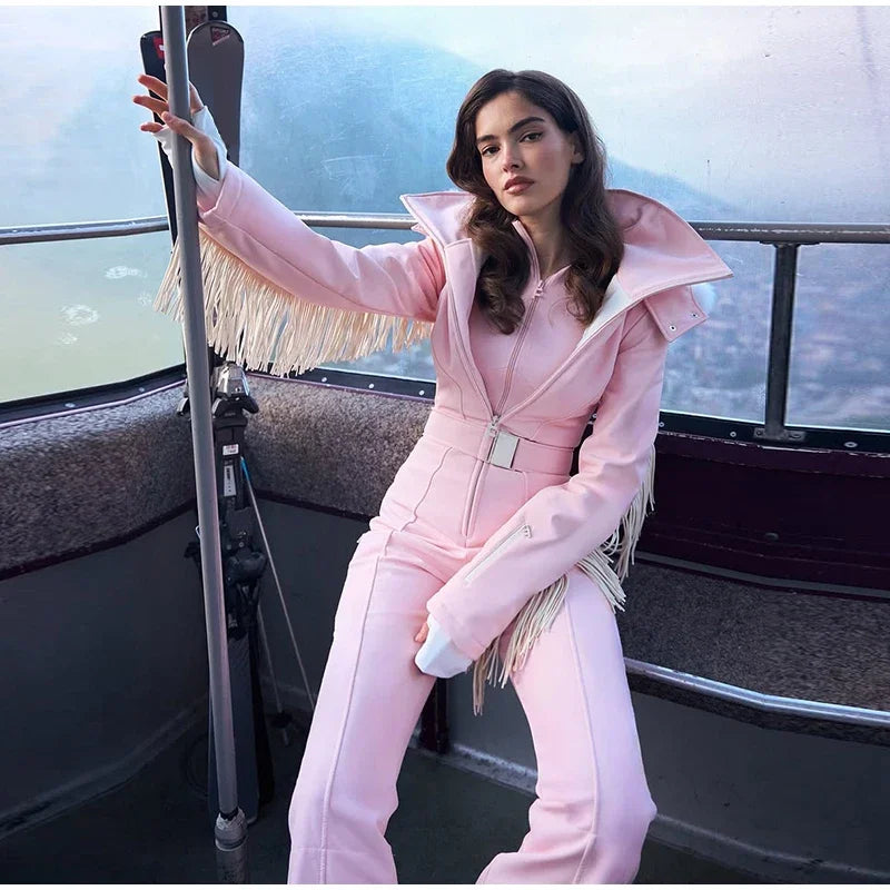 Tassel Red Slim Long Sleeve Stand Collar Wide Leg Jumpsuit for Women