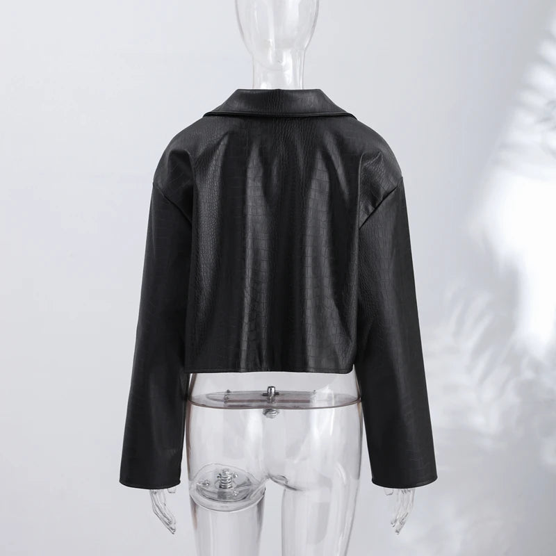 Retro Snake Print Faux Leather Cropped Jacket for Women