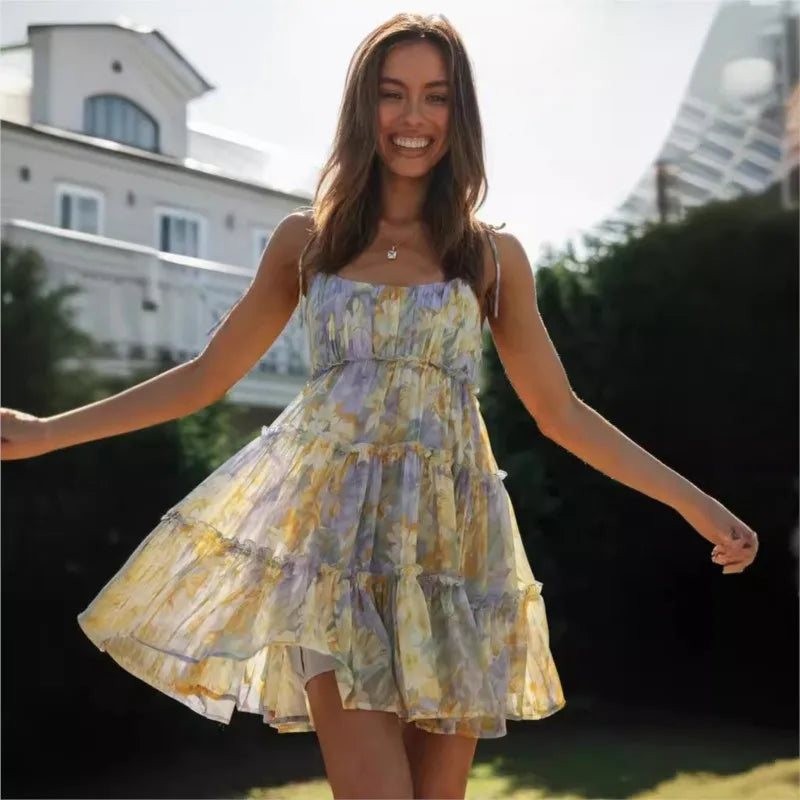 Vintage Print Chiffon Backless Summer Midi Dress For Women