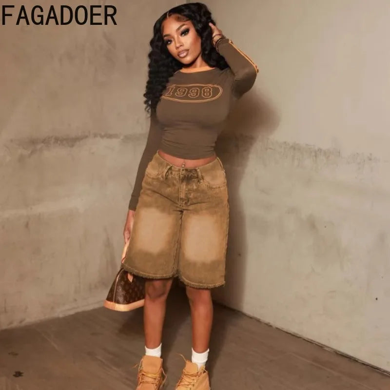 FAGADOER Y2K Fashion Denim Shorts Women Tie-dye Pocket Straight Jeans Shorts Pants Female Streetwear Bottoms 2025 Summer New