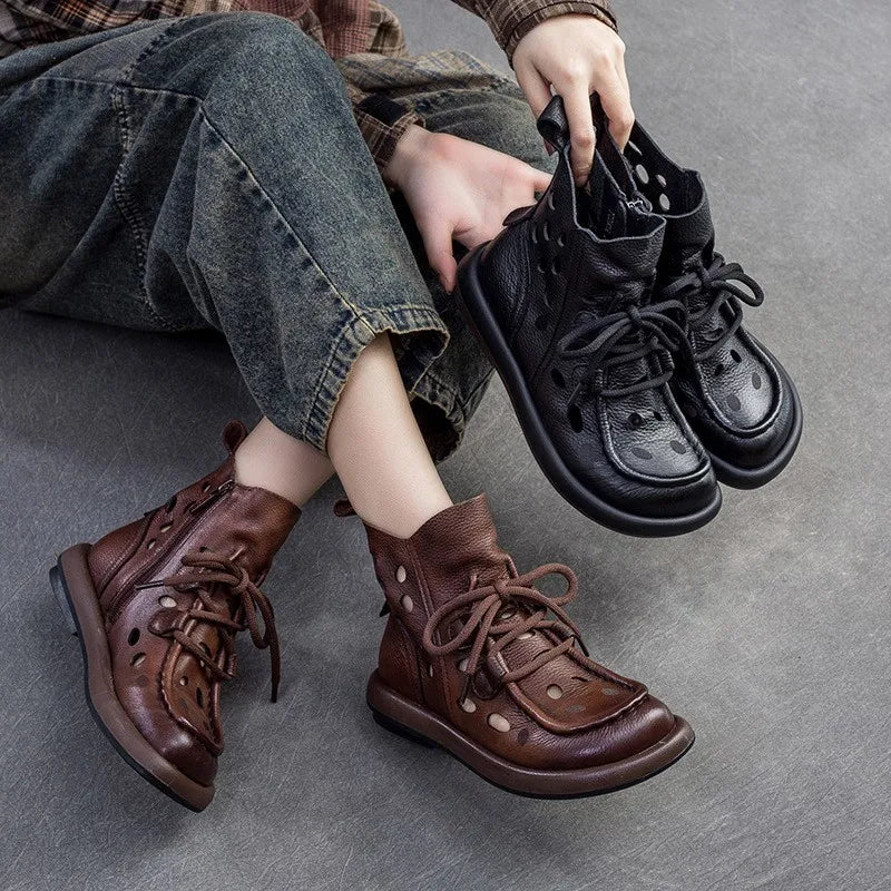 Breathable Hollow-Out Genuine Leather Ankle Boots for Women