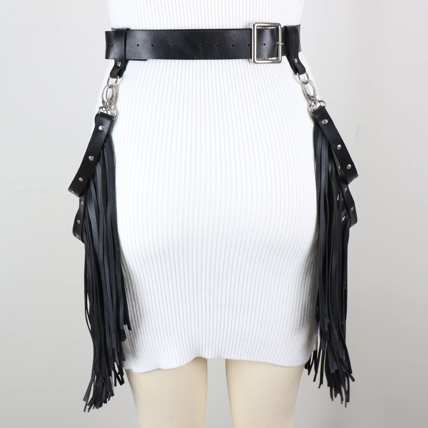 Gothic Leather Harness Skirt With Fringe for Women