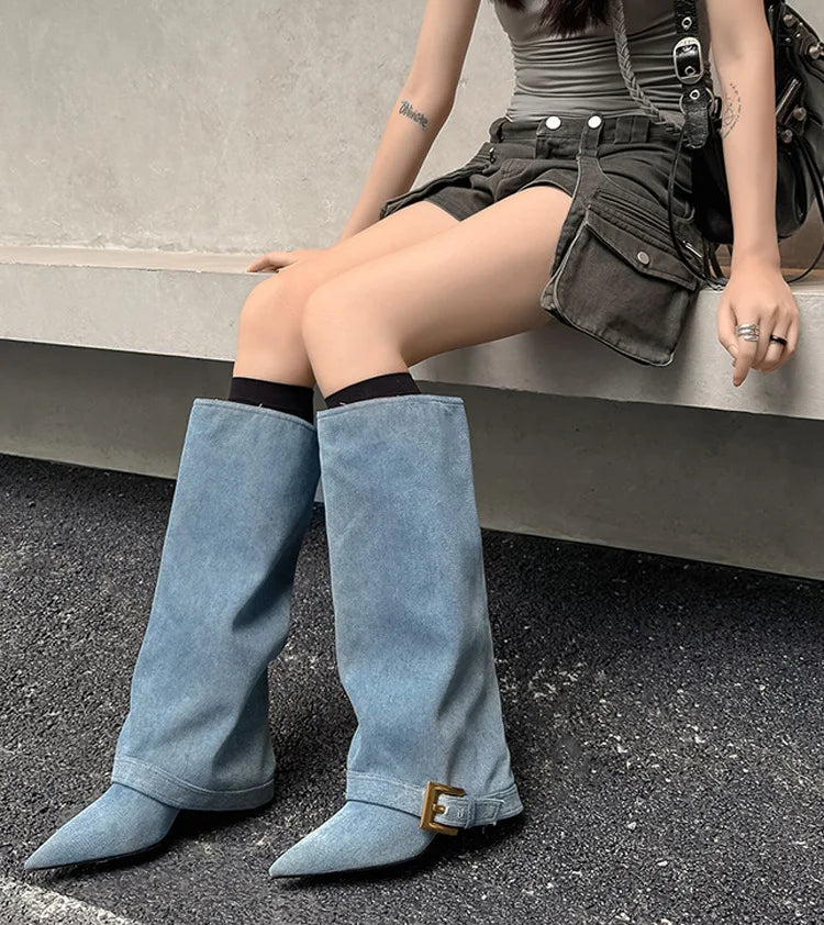 Design Women Metal High Heel Pointed Toe Belt Buckle Knee High Boots Sexy Women Pointy Gold Belt Buckle Knee Boots Plus Size 46