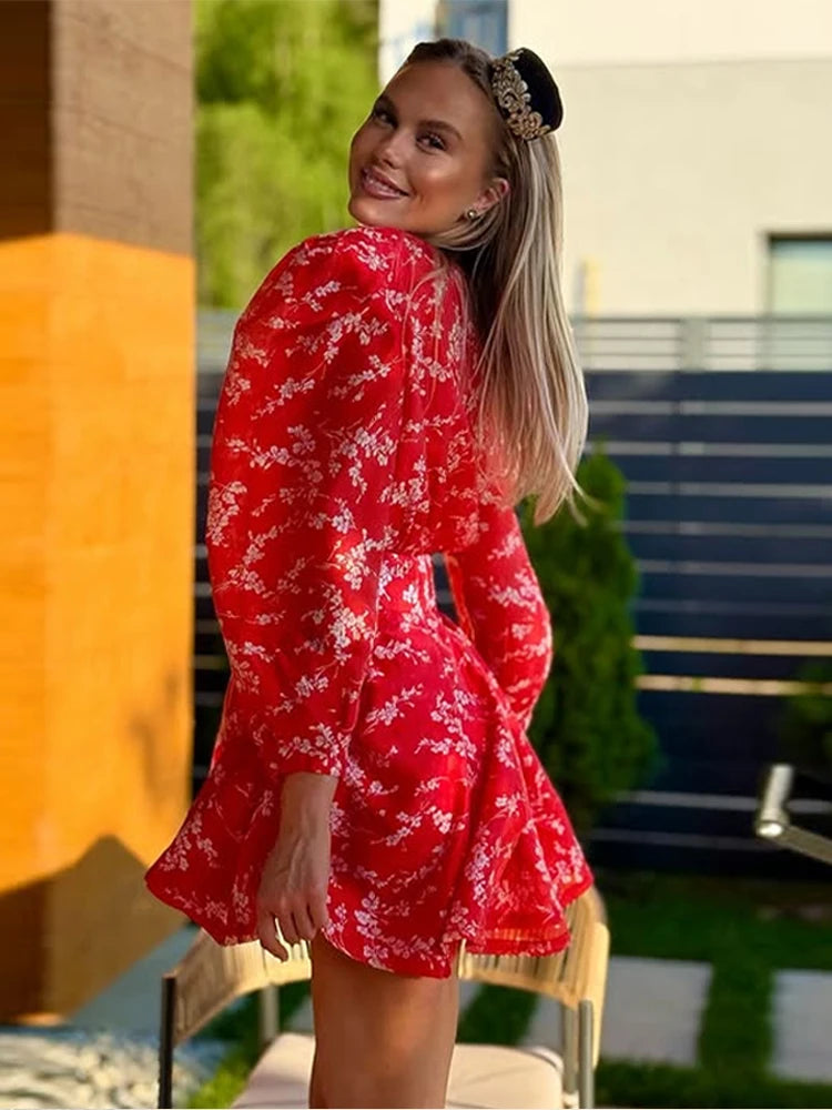 Red Print Butterfly Sleeve Hollow Out Skirt Set for Women