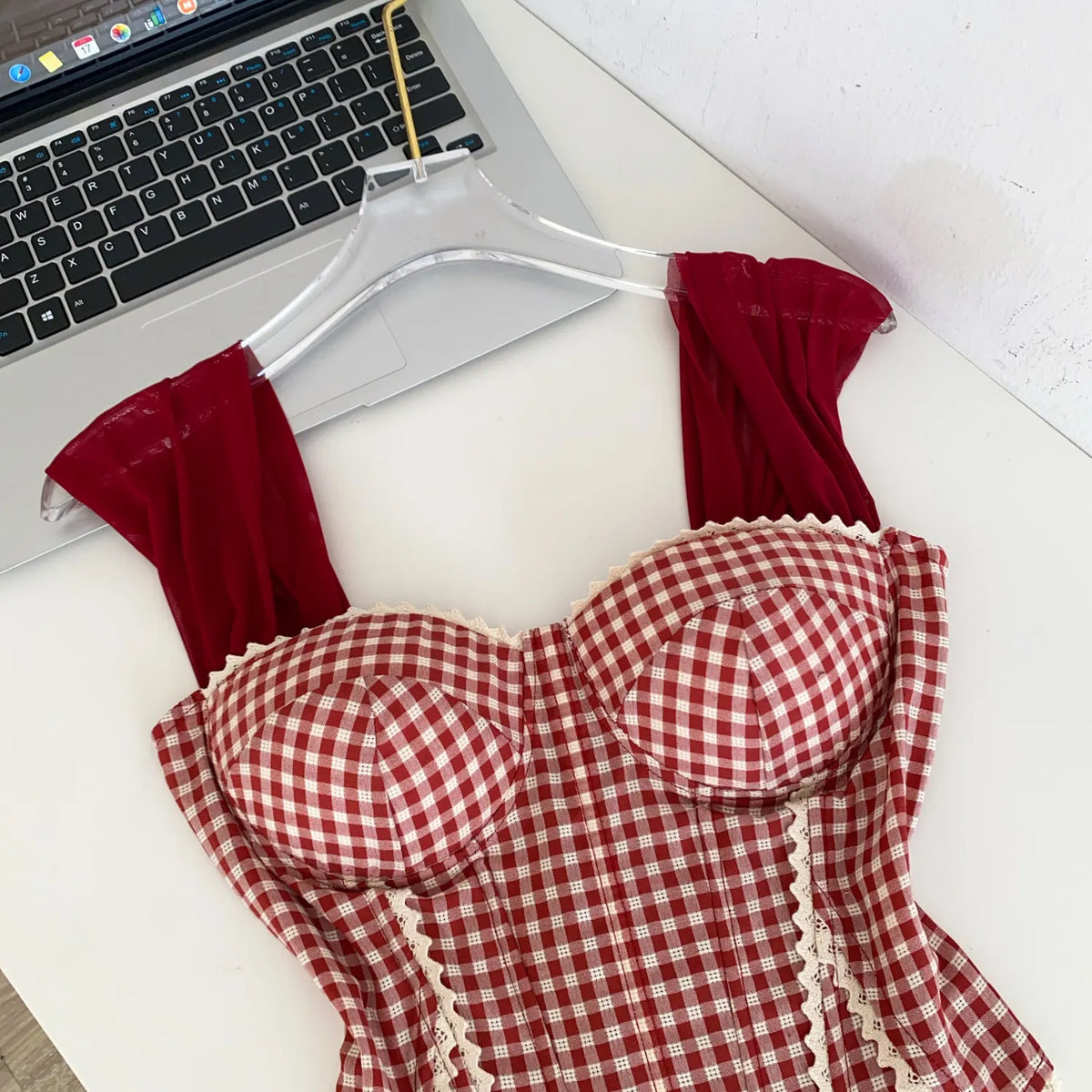 Retro Gingham Lace Up Bustier Corset Top for Women