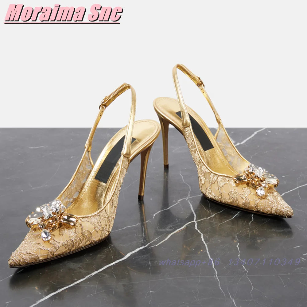Elegant Crystal Lace Pointed Toe Slingback Sandals for Women