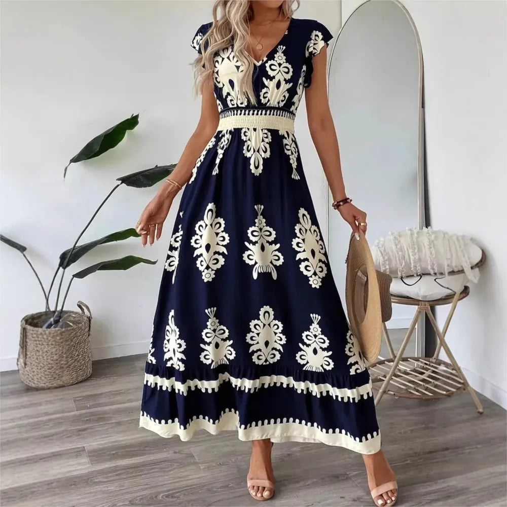 Beach Print Midi with V-Neck and High Waist Dress for Women