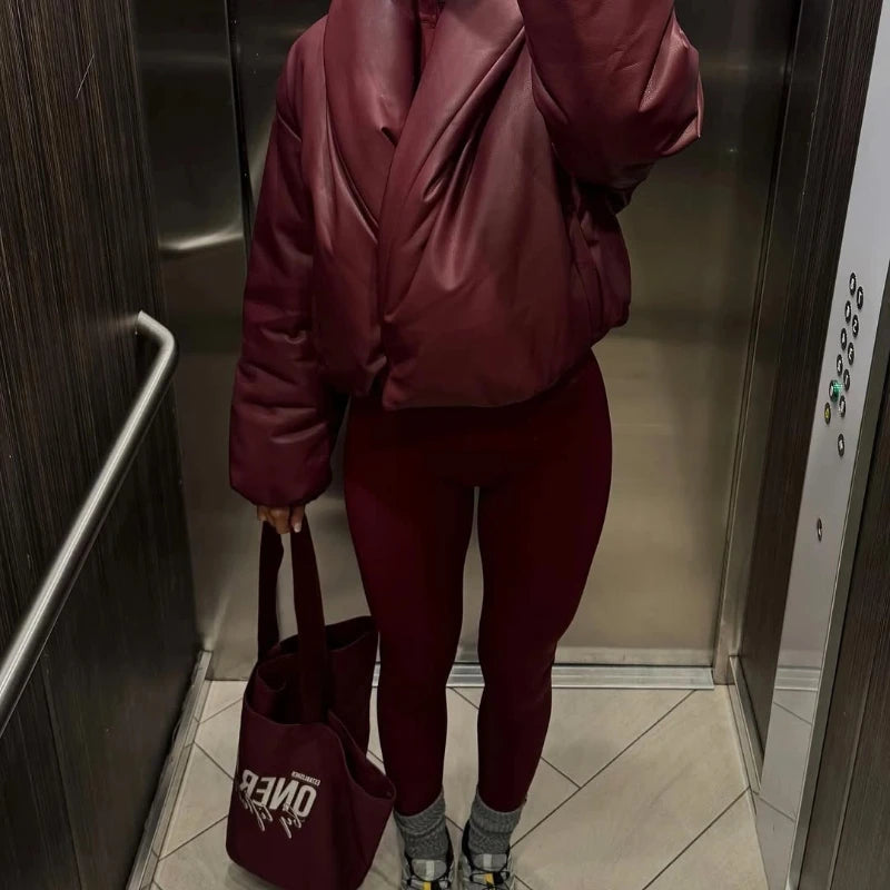 PU Leather Women's Cotton Coat Vintage Laple Full Sleeve Thicken Pockets Female Parka Jackets 2025 Autumn Winter Lady Streetwear