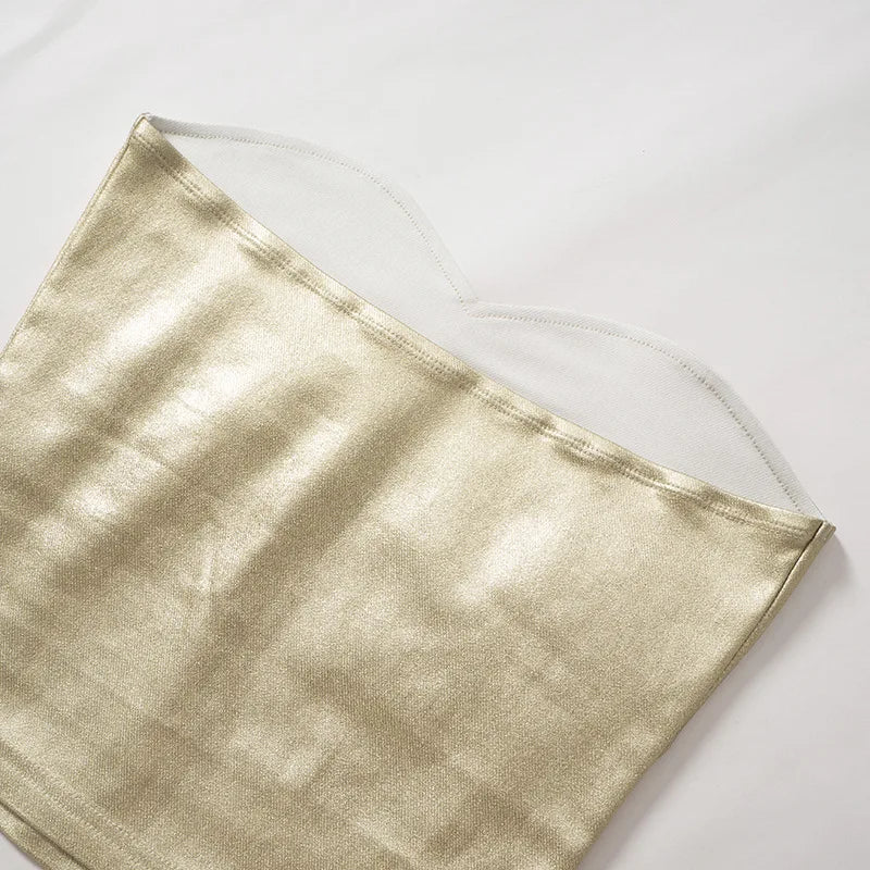 Cryptographic Fashion Vintage Strapless Gold Crop Tops Party Club Outfits for Women Tube Vest Sexy Backless Bustier Tops Y2K