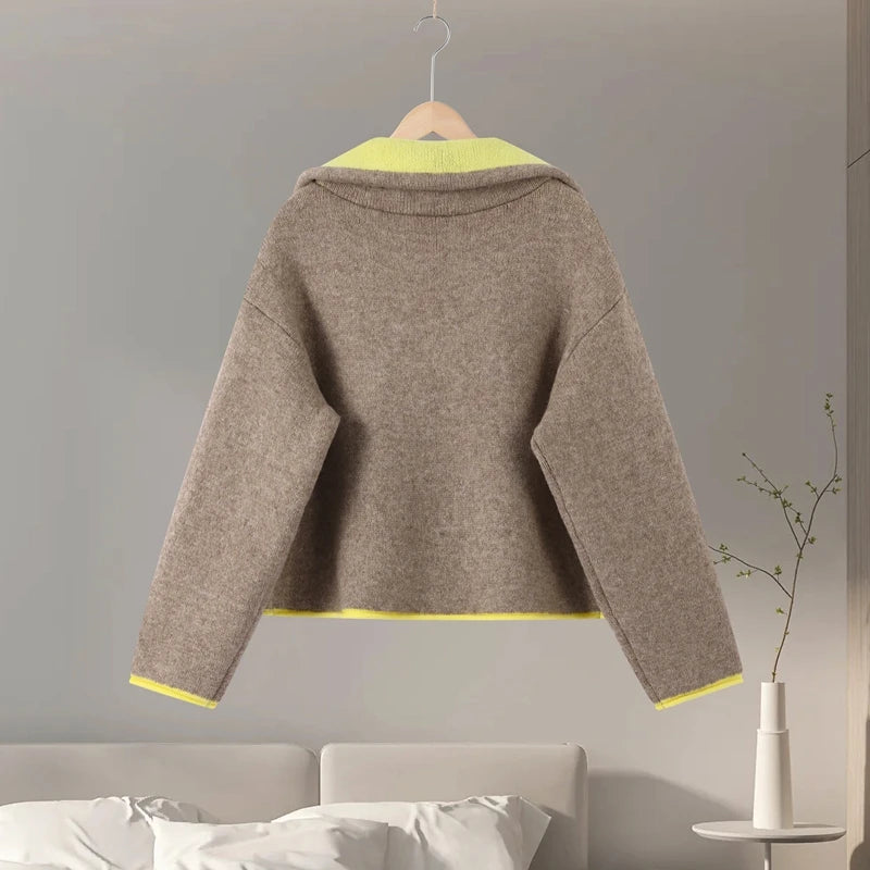Fuzz Yellow Contrast Long Sleeve With Zipper Coat for Women