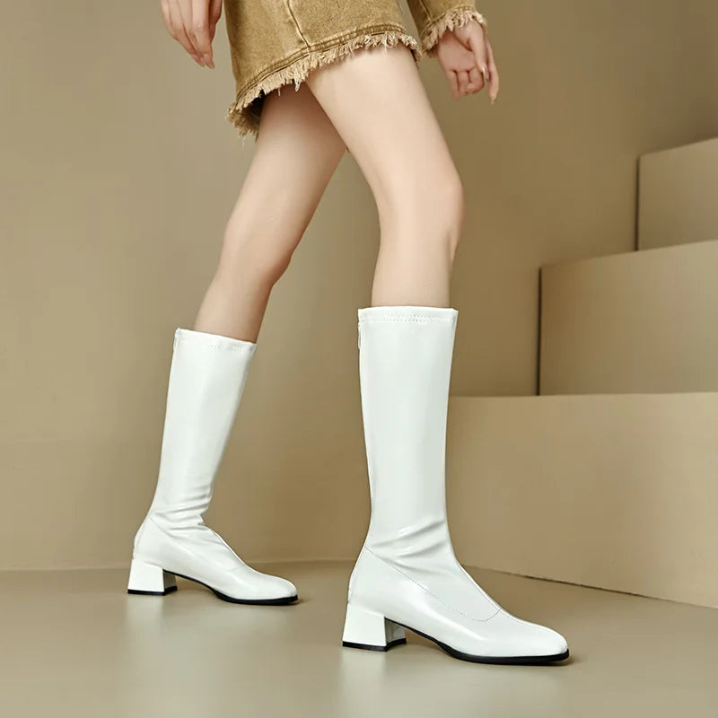 Red Patent Leather Square Toe Knee-High Boots for Women